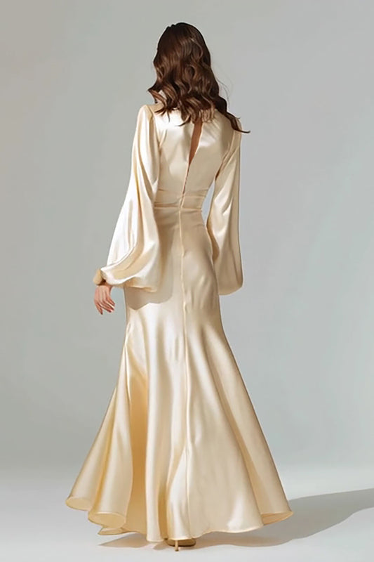 Champagne Mermaid V-Neck Satin Long Sleeves Evening Dress