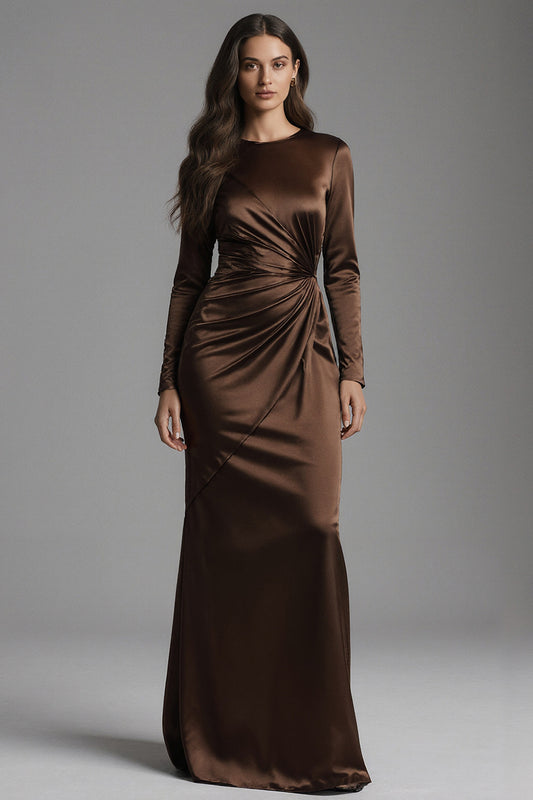 Coffee Mermaid Crew Neck Satin Long Evening Dress