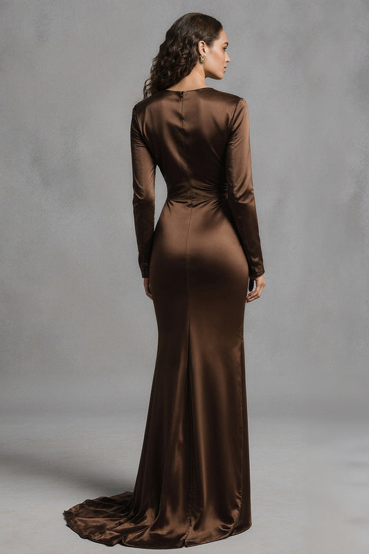 Coffee Mermaid Crew Neck Satin Long Evening Dress