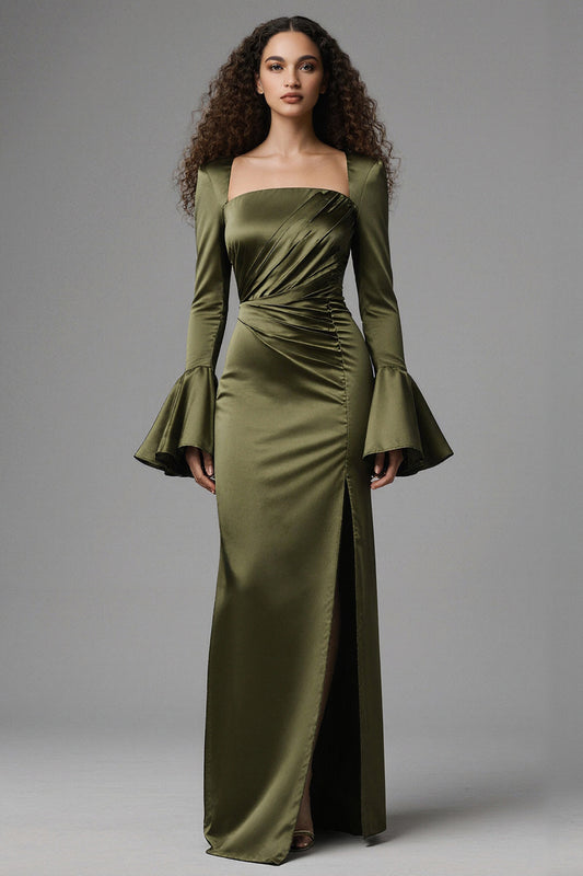 Olive Mermaid Satin Flare Sleeves Long Evening Dress with Slit