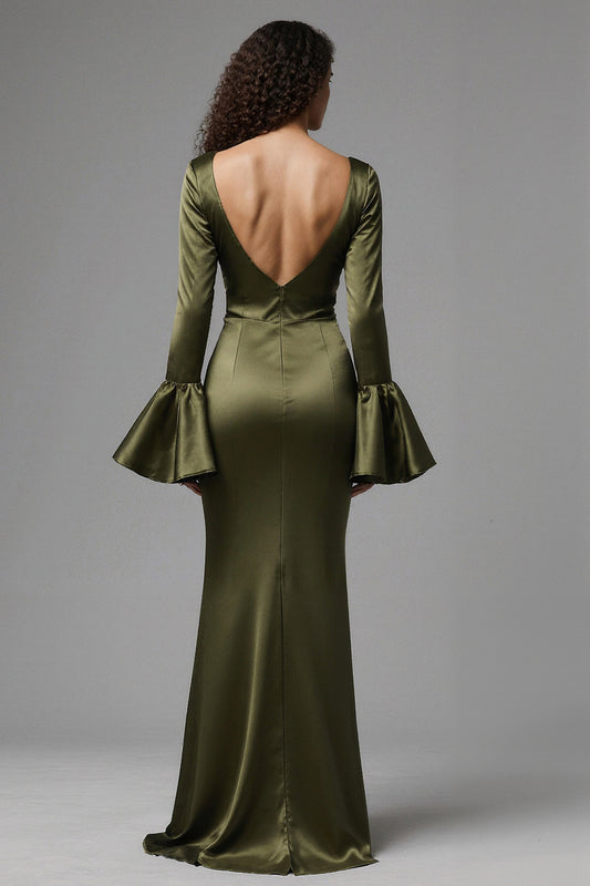 Olive Mermaid Satin Flare Sleeves Long Evening Dress with Slit