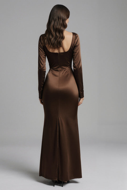 Coffee Mermaid Square Neck Satin Long Sleeves Evening Dress