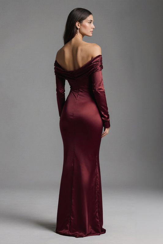 Burgundy Mermaid Ruched Off the Shoulder Long Evening Dress with Slit