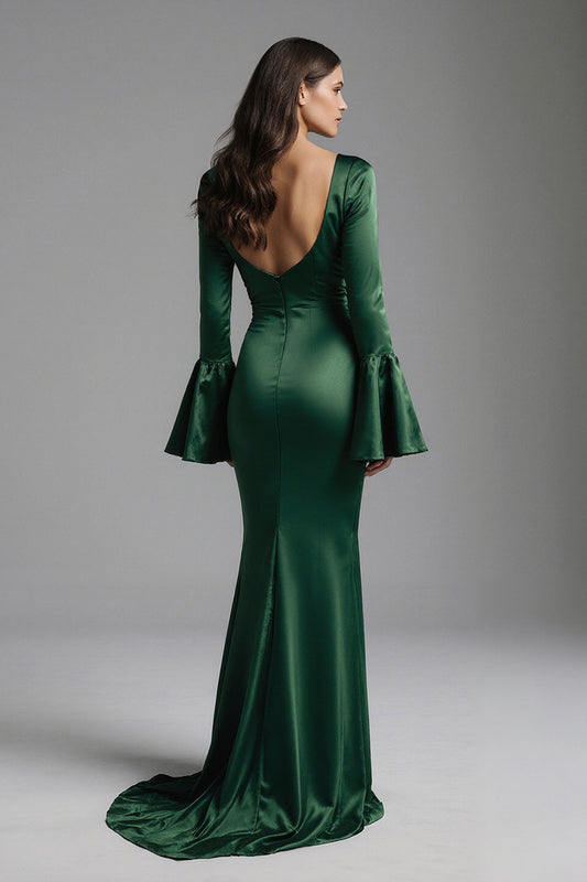 Dark Green Mermaid Backless Flare Sleeves Long Evening Dress