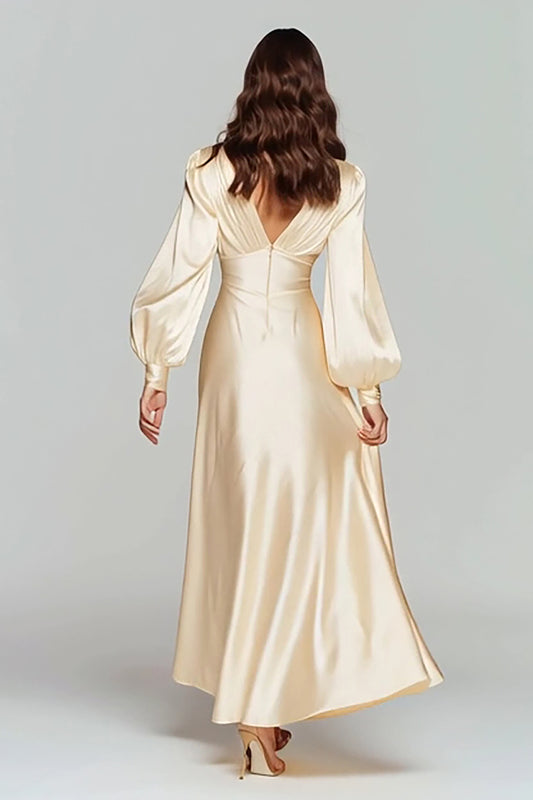 Champagne V-Neck Satin Backless Long Sleeves Evening Dress