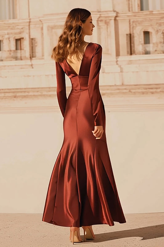 Burgundy Satin V-Neck Mermaid Long Evening Dress with Sleeves