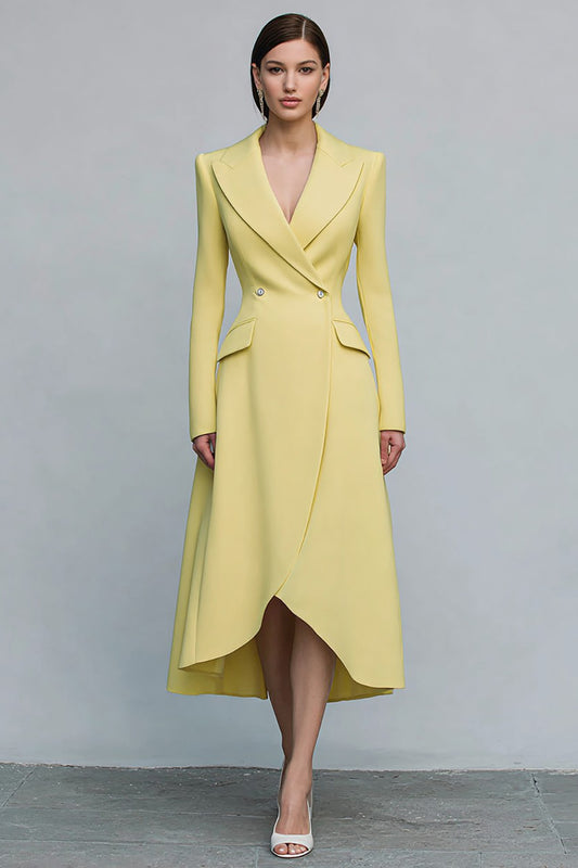 Yellow Double Breasted Peak Lapel Midi Blazer Dress with Sleeves