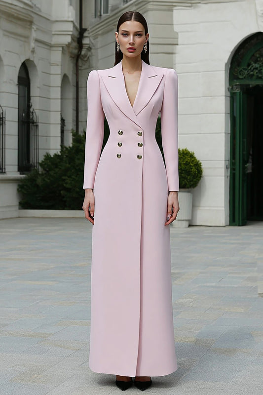 Light Pink Double Breasted Peak Lapel Long Blazer Dress