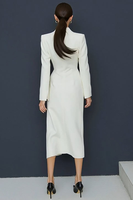 Ivory Single Breasted Notched Lapel Midi Blazer Dress