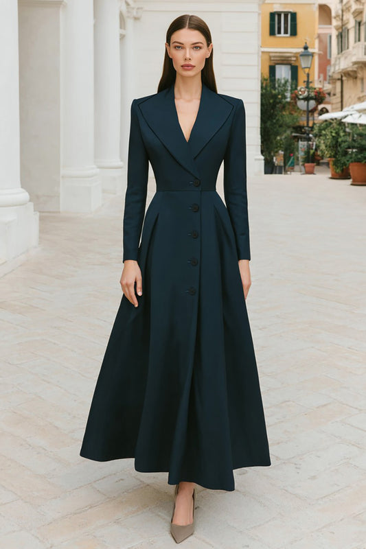 Navy Single Breasted A-Line Long Blazer Dress with Sleeves