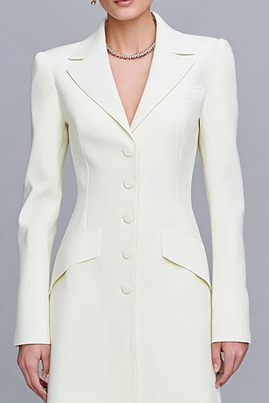 Ivory Single Breasted Notched Lapel Long Blazer Dress with Sleeves