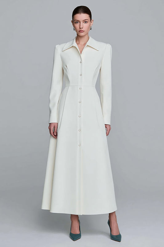 Ivory Single Breasted A-Line Long Blazer Dress with Sleeves