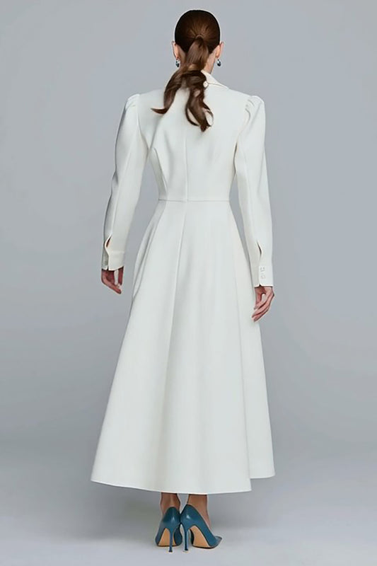 Ivory Single Breasted A-Line Long Blazer Dress with Sleeves