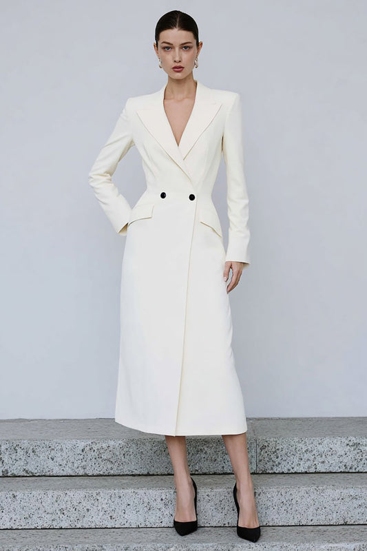 Ivory Double Breasted Peak Lapel Midi Blazer Dress with Sleeves