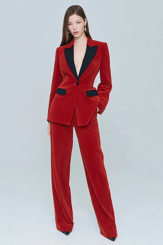 Red 2 Piece Velvet Peak Lapel One Button Prom Suits with Pockets