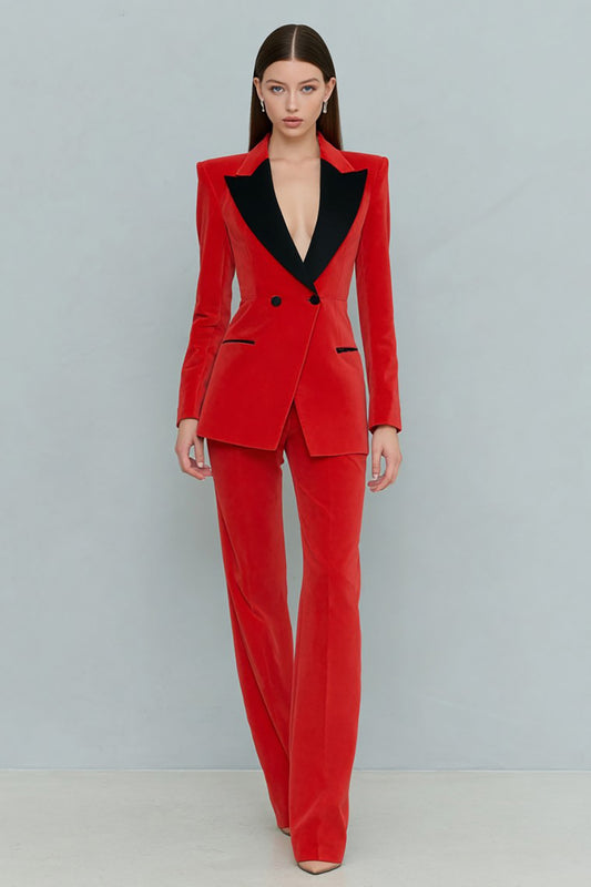 Red 2 Piece Velvet Peak Lapel Double Breasted Prom Suits with Sleeves
