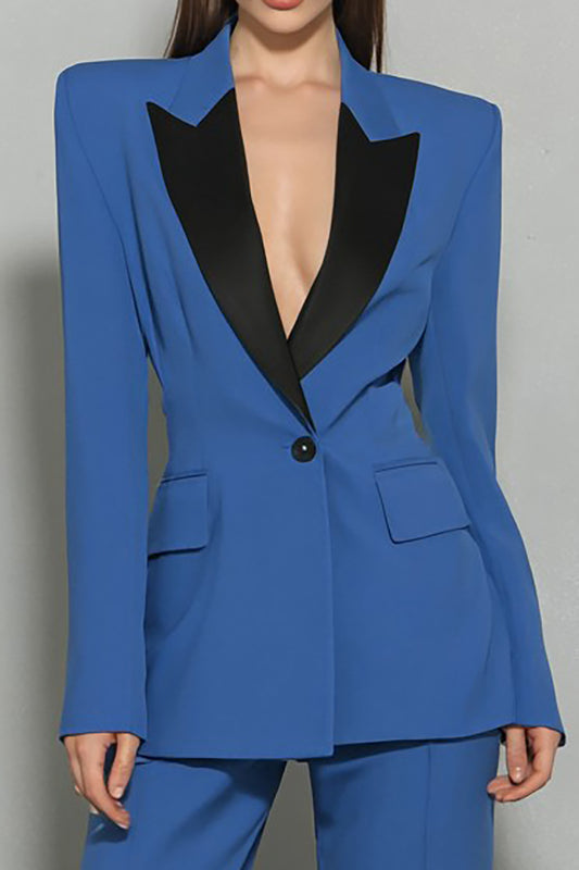 Dark Blue 2 Piece Peak Lapel One Button Business Suits with Sleeves