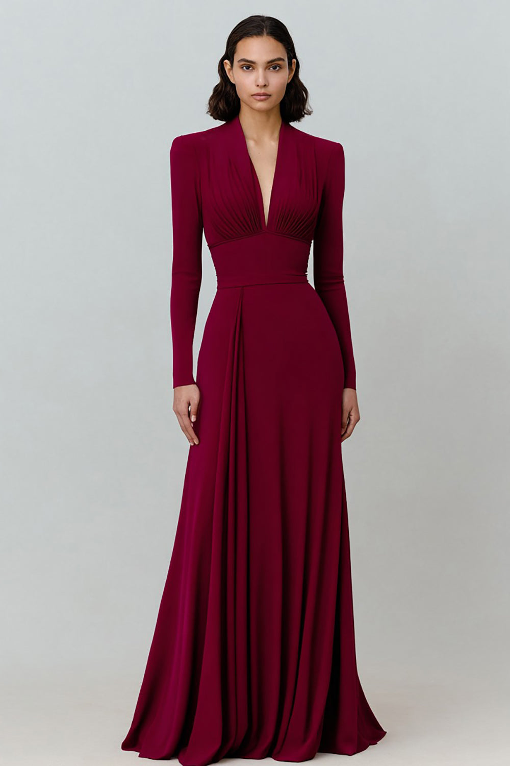 Zapakasa Women Burgundy Pleated Long Formal Dress with Sleeves V-Neck Sheath Evening Dress Zapakasa Women Burgundy Pleated Long Formal Dress with Sleeves V-Neck Sheath Evening Dress