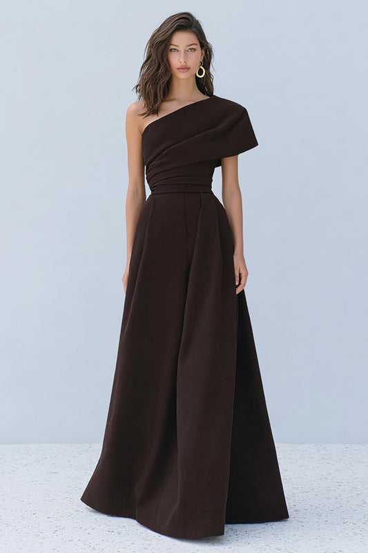 Coffee One Shoulder A-Line Long Formal Dress