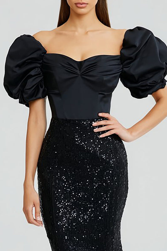 Sparkly Black Mermaid Puff Sleeves Long Formal Dress with Sequins