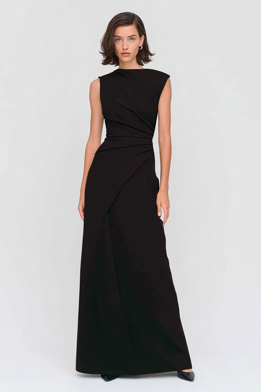 Black Sheath Bateau Neck Ruched Long Formal Dress