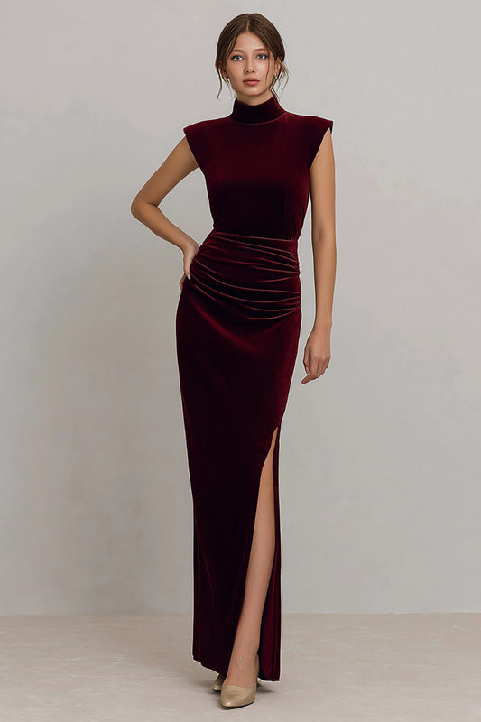 Burgundy High Neck Ruched Velvet Long Formal Dress with Slit