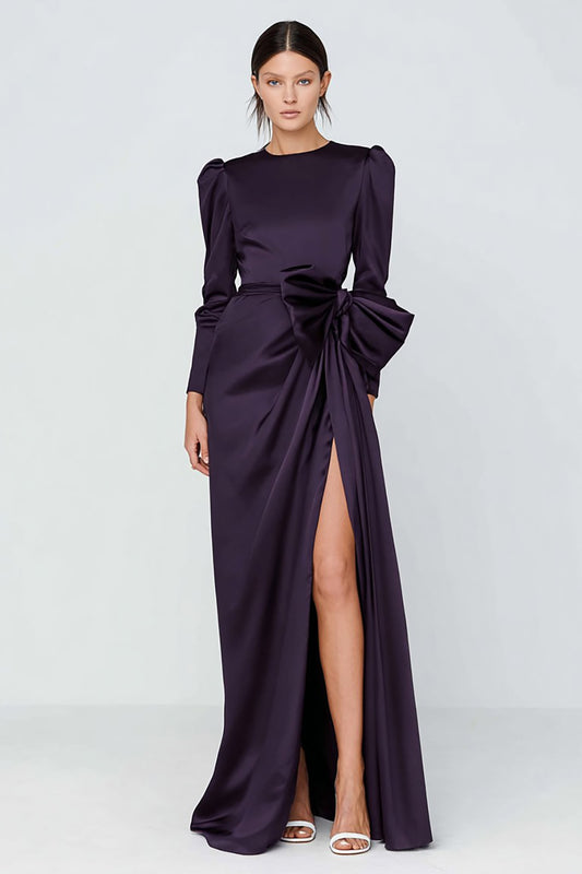 Dark Purple Crew Neck Long Sleeves Formal Dress with Bow