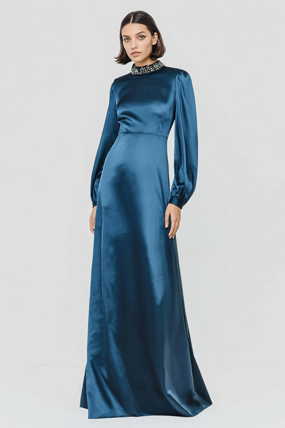 Zapakasa Women Sparkly Dark Blue Long Sleeves Formal Dress with Beading