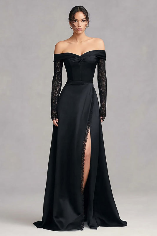Black Lace Off the Shoulder Long Sleeves Formal Dress with Slit