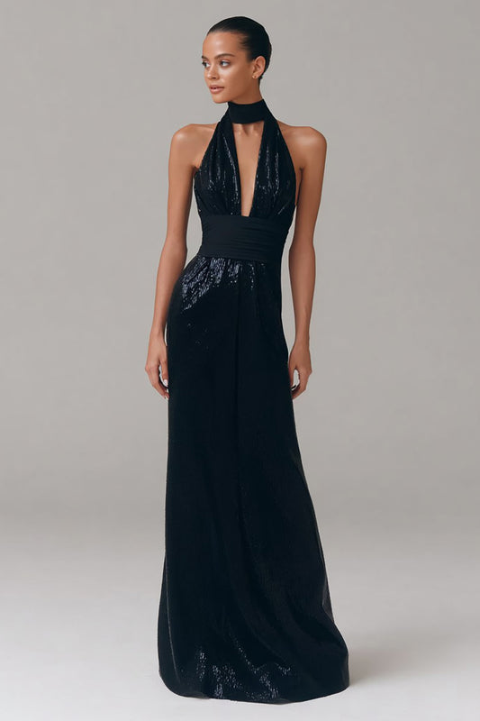 Glitter Halter Neck Long Black Tie Dress with Keyhole