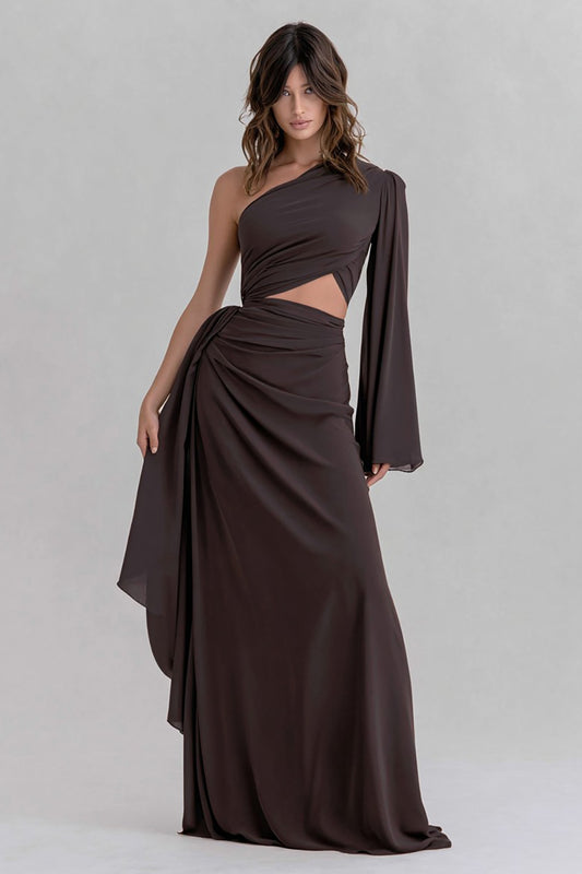 Coffee One Shoulder Ruched Cut Out Long Formal Dress with Sleeves