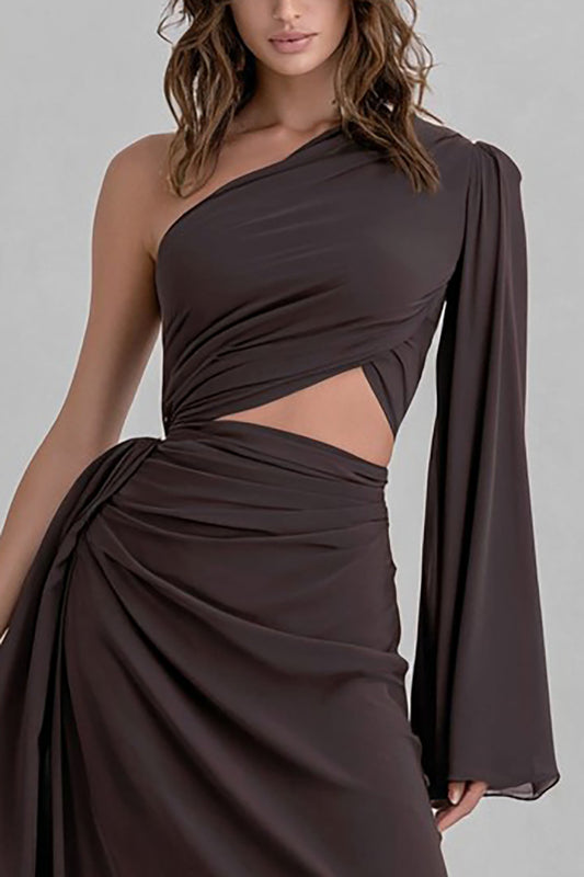 Coffee One Shoulder Ruched Cut Out Long Formal Dress with Sleeves