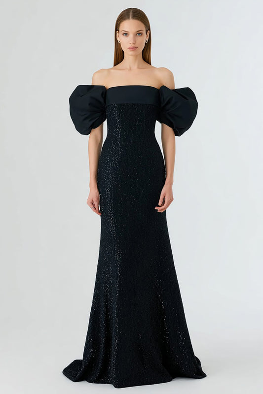 Sparkly Black Off the Shoulder Mermaid Long Formal Dress