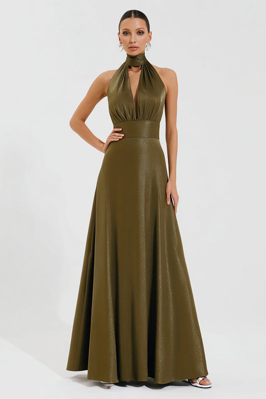 Olive High Neck A-Line Long Formal Dress with Keyhole