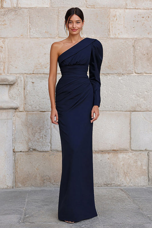 Navy One Shoulder Mermaid Long Formal Dress with Sleeves
