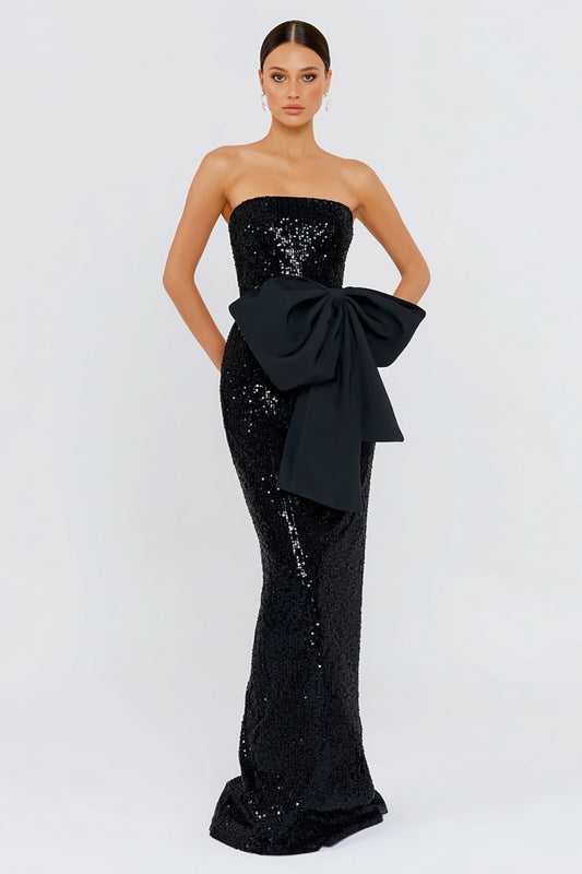 Sparkly Black Sequin Mermaid Long Formal Dress with Bow