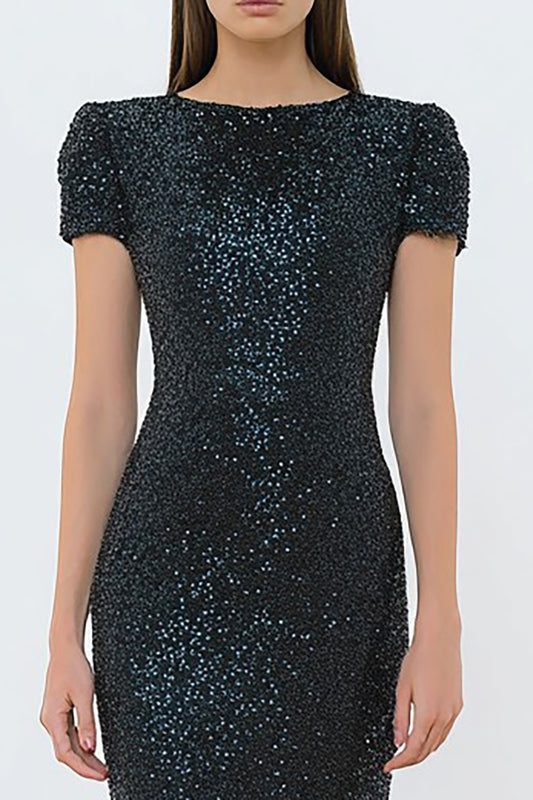 Sparkly Black Sequin Mermaid Long Formal Dress with Sleeves