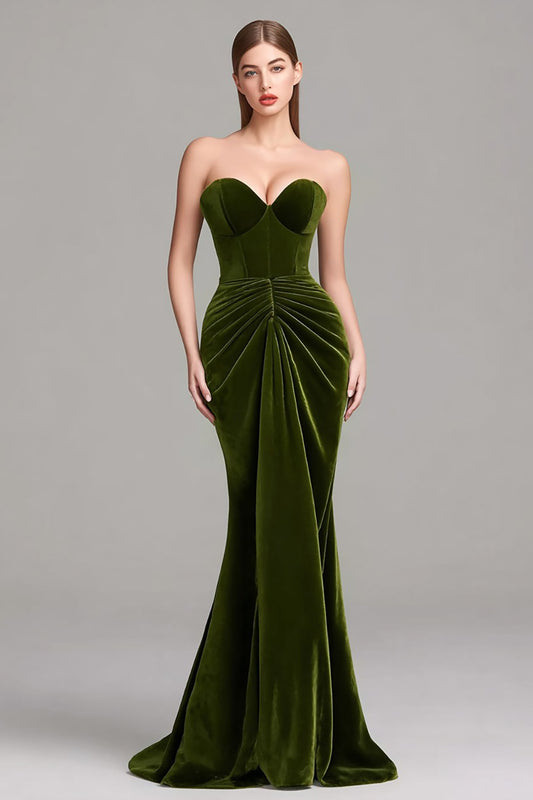 Olive Sweetheart Velvet Mermaid Ruched Long Corset Formal Dress