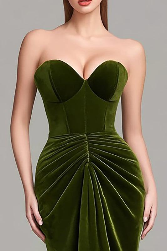 Olive Sweetheart Velvet Mermaid Ruched Long Corset Formal Dress