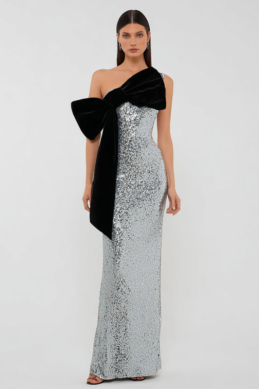 Sparkly Silver Sheath Sequins Long Formal Dress with Bow