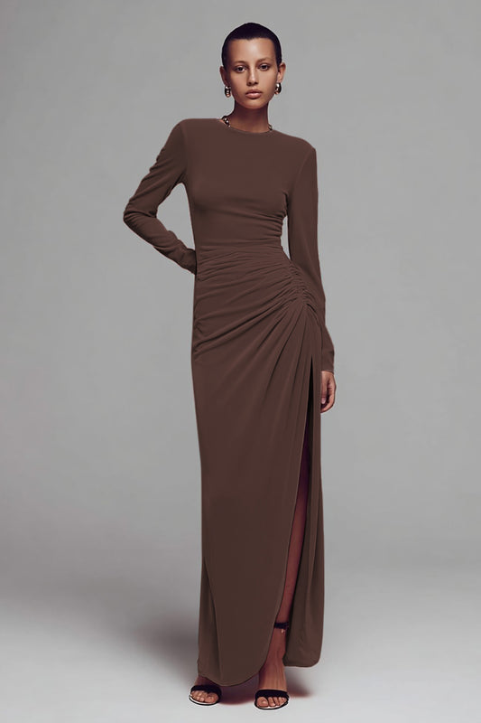 Coffee Velvet Crew Neck Ruched Long Formal Dress with Slit