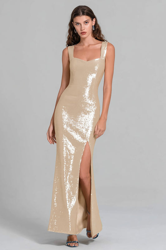 Sparkly Champagne Mermaid Sequin Long Formal Dress with Slit