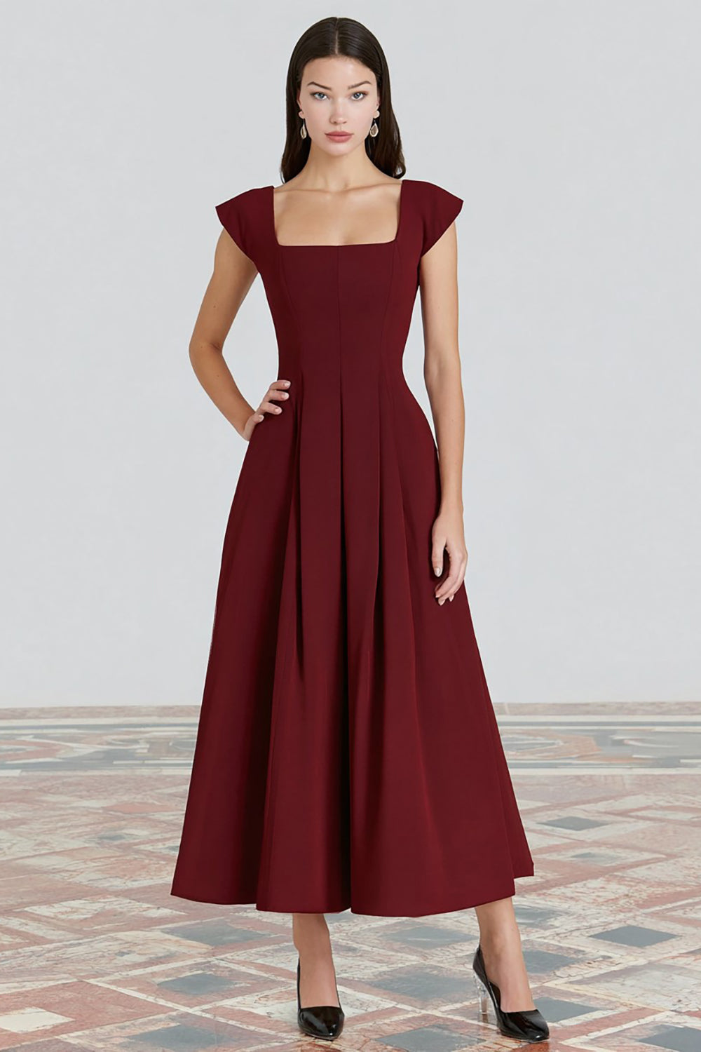 Zapakasa Women Burgundy Square Neck Long Formal Dress A-Line Cap Sleeves Holiday Party Dress Zapakasa Women Burgundy Square Neck Long Formal Dress A-Line Cap Sleeves Holiday Party Dress