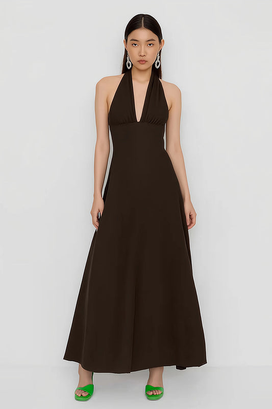 Coffee Sheath Halter Neck Long Wedding Guest Dress