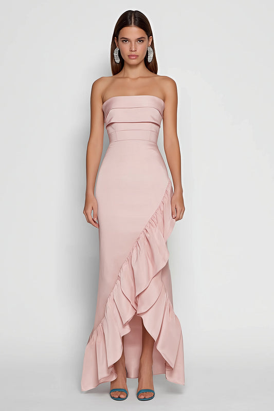 Pink Strapless Ruffled Mermaid Long Wedding Guest Dress with Slit