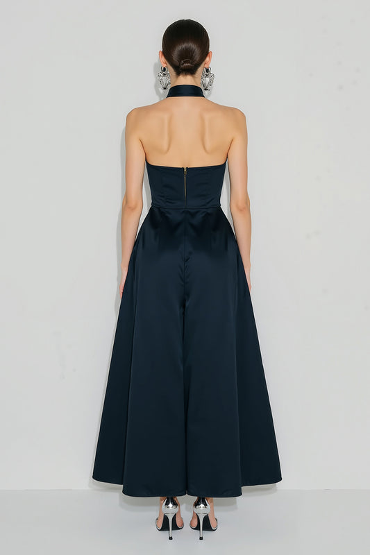 Navy High Neck A Line Long Wedding Guest Dress