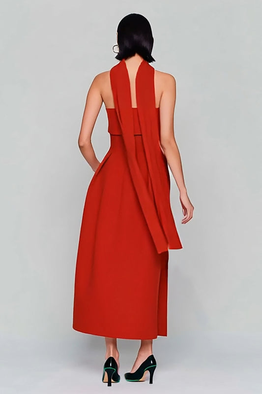 Red Strapless A Line Neck Scarf Long Wedding Guest Dress