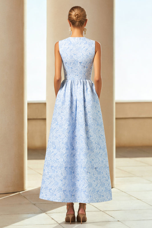Blue Jacquard Crew Neck A Line Long Wedding Guest Dress