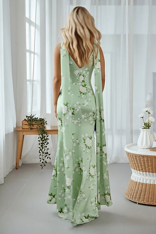Floral Sage Mermaid Bateau Neck Long Wedding Guest Dress with Cape