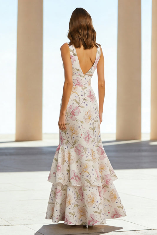 Floral Pink Mermaid V-Neck Long Wedding Guest Dress with Ruffles